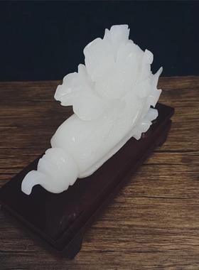 阿富汗白玉白菜摆件纯手工明清古典桌面工艺品实木根雕底座礼盒装
