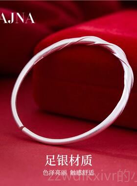 新款纯银莫比乌斯环古法扭纹开花银手口镯女年款麻银镯子送女友礼