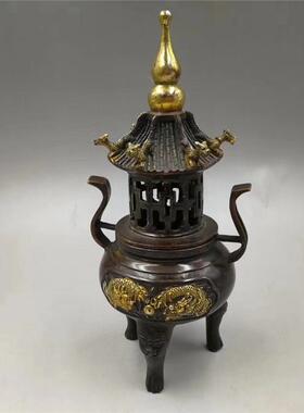 古玩仿古做旧工艺品铜塔炉仿古铸造铜龙塔炉熏香炉家居饰品