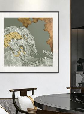 新中式酒店餐厅高级感装饰画抽象云海样板间正方形绿色客厅挂画
