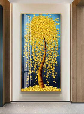 发财树玄关挂画2024新款高端走廊尽头装饰画晶瓷镶钻5D立体壁画