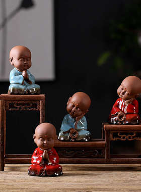 中式禅意紫砂小和尚茶宠摆件 创意精品家居书桌装饰品 陶瓷工艺品