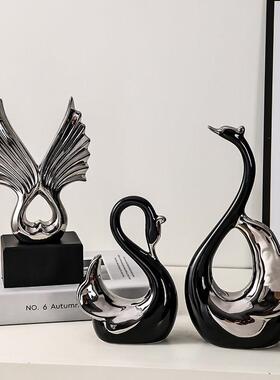 意式极简黑白天鹅一对酒柜装饰品寓意好的摆件轻奢高档软装高级感
