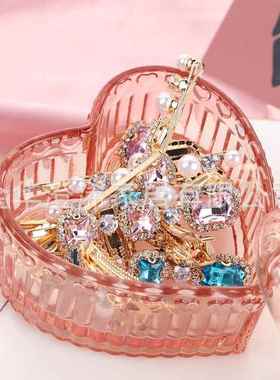 彩色蝴蝶结浮雕款立体爱心型带盖收纳盒玻璃发夹耳钉首饰收纳盒