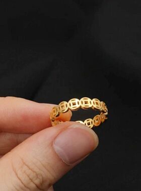 ins顺风顺水镂空招财铜钱指环