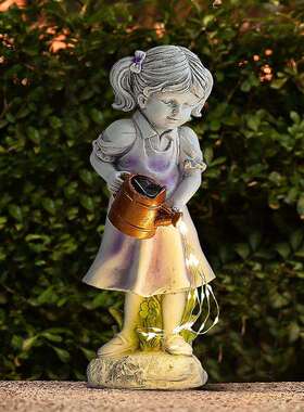 太阳能灯树脂工艺品小女孩水壶灯摆件户外庭院花园草坪阳台装饰品