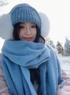 蓝色护耳毛线 线帽子女秋冬季东北防寒保暖围巾哈尔滨雪地针织雷