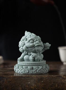 绿色砂岩吉祥兽皮秀鱼缸景观装饰民族风格家居客厅财富桌面茶宠物