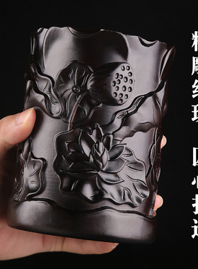 黑檀木雕刻立体笔筒 办公室摆件工艺品实木复古圆形笔筒文房四宝