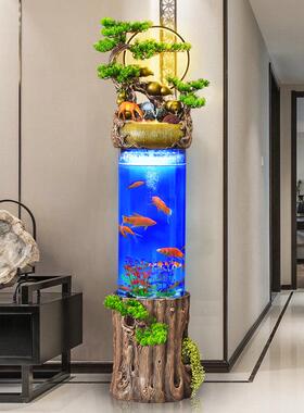 新中式流水生财喷泉摆件客厅电视柜旁圆柱形金鱼缸循环免换水落地