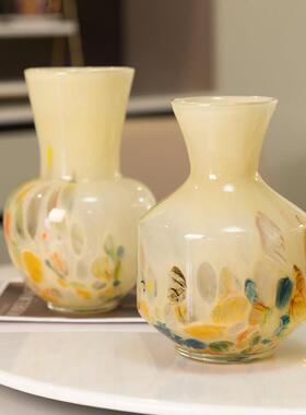 中古缤纷高级感点点奶黄色手工琉璃花瓶摆件客厅插花复古餐桌装饰