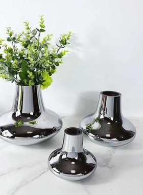 北欧简约餐桌银色玻璃花瓶装饰品售楼部样板房间茶几玄关花器