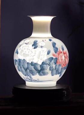 秦汉天禧新中式陶瓷花瓶摆件轻奢高档手绘薄胎半刀泥新中式