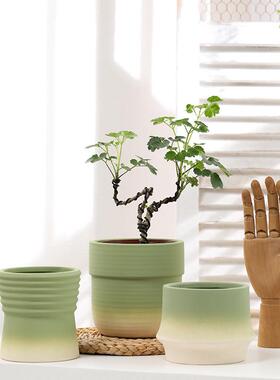 渐层橄榄绿色陶瓷花盆素烧陶土胚透气吸水带托 托盘兰花盆栽控根