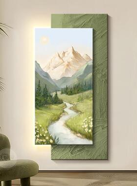 日照金山玄关装饰画北欧奶油风入户门走廊过道挂画绿色山水风景画