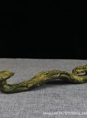 仿古纯铜狮头如意摆件黄铜做旧喜上眉梢如意古玩收藏工艺品摆件