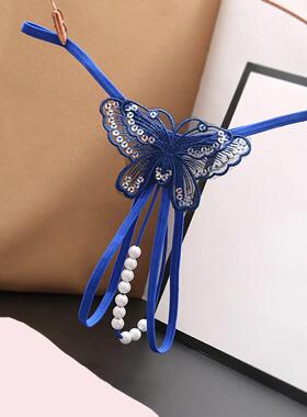Crotch Opening Women Thong Embroidered Butterfly Sequins Bea
