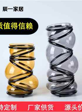 代简约玻璃缠绕花木质高脚果盘创意摆件面餐现A6金属桌桌装饰器品