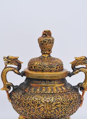 宏达 黄铜仿古缠枝莲双龙耳三腿炉 家居办公室玄关香炉摆件