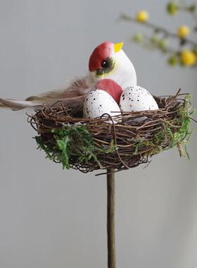 田园森系天然手工制小鸟窝鸟巢装饰摆件麻雀鸟蛋羽毛庭院花园布置