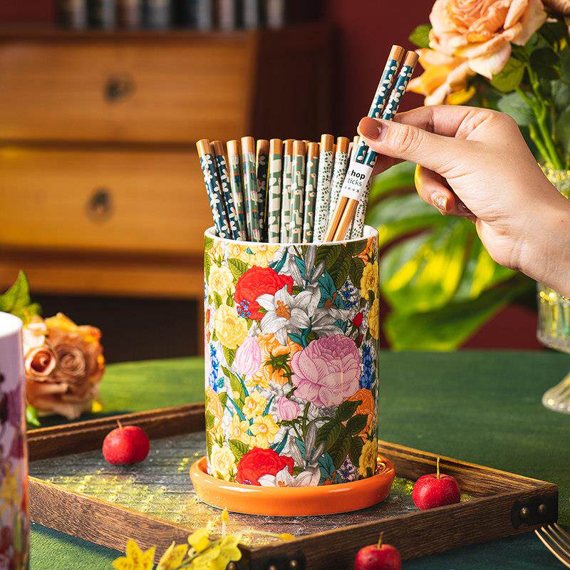 Creative high-grade flower bud ceramic chopstick barrel, light luxury household drain rack, chopstick cage, knife, fork, spoon, tableware storage box
