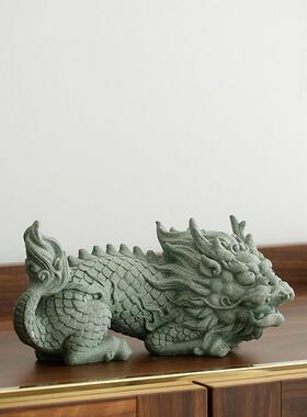 国风瑞兽麒麟动物摆件青砂石微景观鱼缸造景创意店铺开业柜台送礼