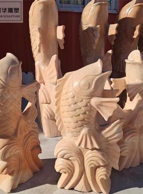 楼房屋顶排水口装饰石雕鲤鱼鱼池喷泉石雕鱼头出水口水景墙壁挂件