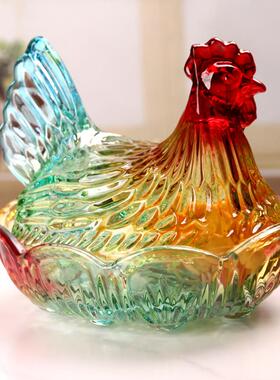 弗莱文次小号红色喜庆母鸡水晶玻璃糖果罐干果盘摆件糖果零食盘