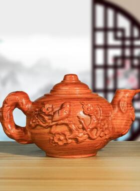 喜上梢把把壶黑檀花梨木雕刻茶壶摆件实木手把件壶家居装饰工艺品