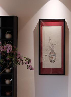 东方文房瓷彩入画《福喜同瓶》清雅富贵阖家卧室玄关红色复古挂画