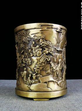 纯铜笔筒装饰品黄铜覆古笔筒人物笔筒工艺品大型学习用品办公桌面