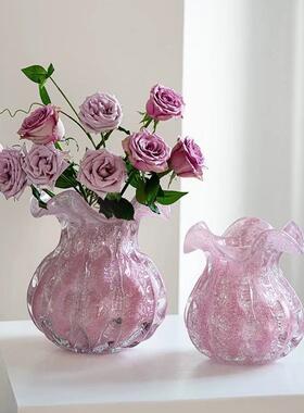 粉色琉璃花瓶钱袋子厚重玻璃花瓶水养鲜花插花器摆件客厅玄关装饰