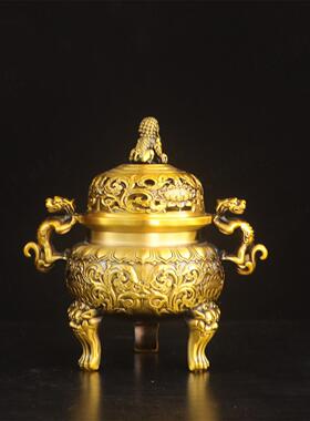 纯黄铜貔貅带盖子香炉摆件室内佛堂龙纹花纹狮子炉三足香炉薰香摆