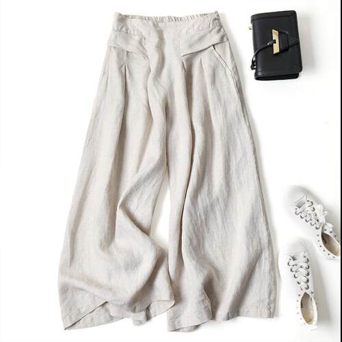 Womens Cotton Linen Culottes Pants Elastic Waist Wide Leg - 图0