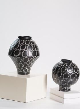 现简约陶瓷花摆件 黑色几何创意家居装饰品 玄关客厅样板间软