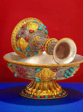 尼泊尔纯铜护发杯八吉祥藏传密宗供水杯手工掐丝佛前供奉圣水杯