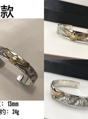 正品不同银匠桥纯银羽毛老鹰绿高松石开个手镯性复古宽版情侣素口