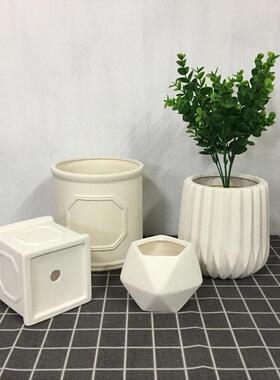 新款 北欧多肉白陶花盆绿植花器客厅办公室桌面花盆哑光黑白简约