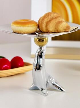 简约不锈钢银色镜面圆形托盘海豚高脚点心果盘装饰客厅餐桌果盘