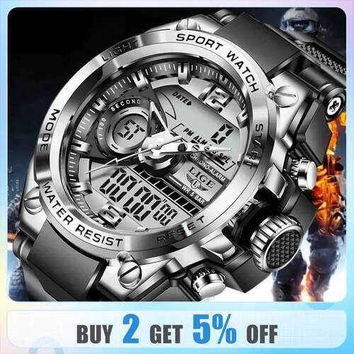 LIGE Men Military Watch Digital 50m Waterproof Wristwatch LE - 图0