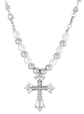 women alloy retro pearl cross pendant necklace珍珠十字架项链