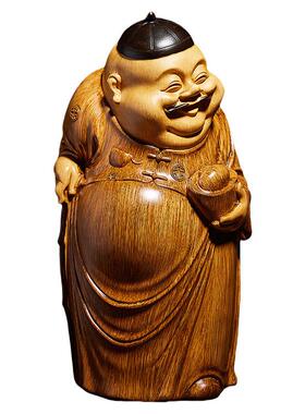 高端中式地主摆件客厅财神爷雕塑仿木雕茶几博古架装饰品桌面摆设