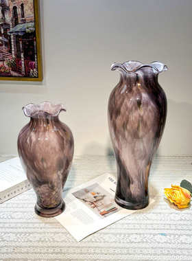 中古紫色花边口琉璃花瓶样板间客厅电视柜餐桌玄关插花摆件装饰品