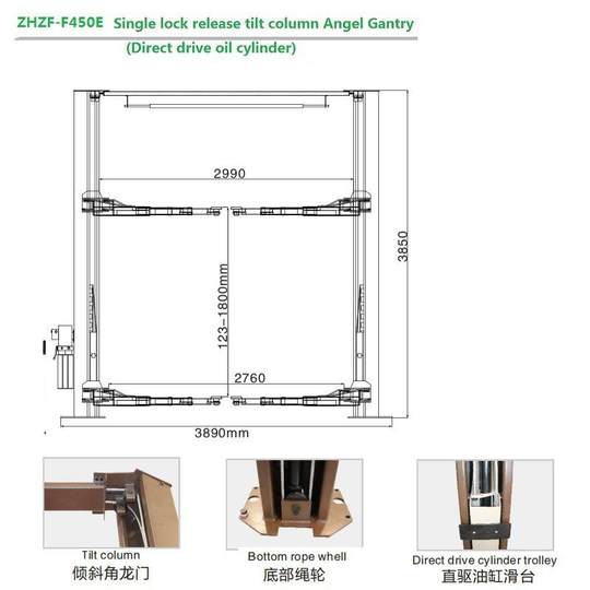 原厂出口F450E系列钭0度角无链条直接驱动液压缸二柱龙门举