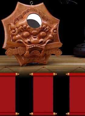 桃木狮咬剑牌兽头虎头凸八卦镜子睚眦阳台吞口兽尖角门对门饰挂件