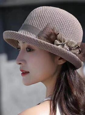 夏季卷边遮阳帽子女2024新款欧根纱花朵礼帽短檐盆帽渔夫帽草帽女