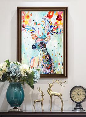 玄关装饰画欧式风格麋鹿小尺寸竖版走廊挂画过道壁画美式客厅油画