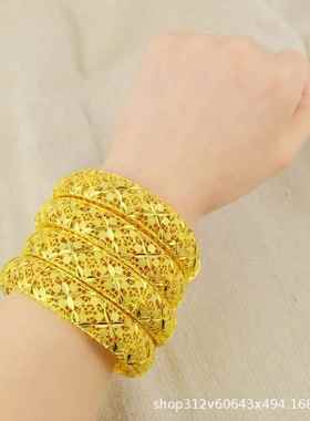 跨境迪拜女式24K镀金镂空手镯印度阿拉伯新娘结婚饰品金镯子