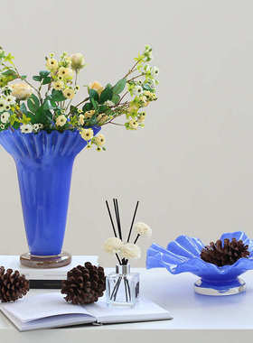 客厅软创意大口中古风装饰品荷叶口琉璃样板间边家居卷花瓶装褶皱