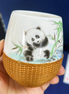 熊猫手握杯竹编茶具道明非遗竹丝扣瓷茶杯四川特色成都礼物包邮